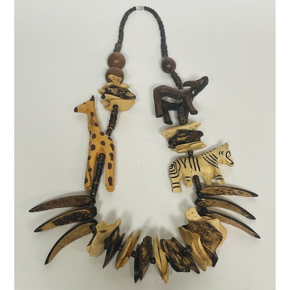 VTG African Hand Carved Wood Safari Animal Necklace Beaded Tribal‎ Boho